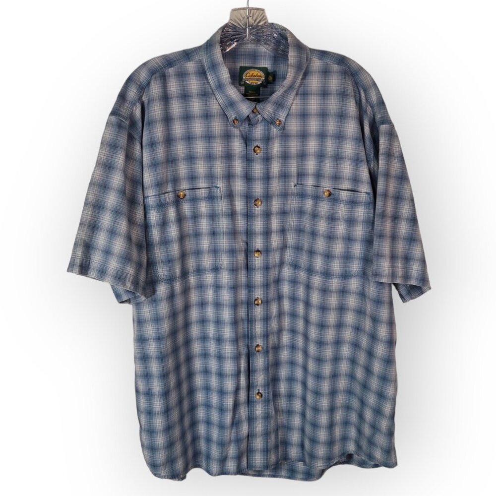 Cabelas Shirt Mens XL Blue Plaid Short Sleeve Pocket Cotton Button Up